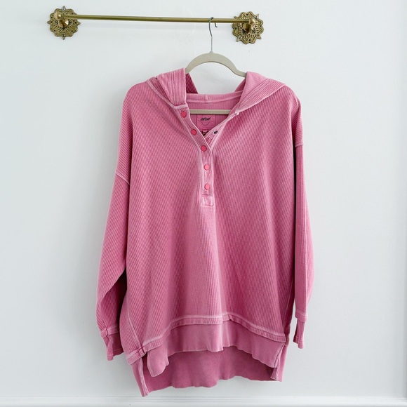 Aerie Pink Corded Texture Henley Pink Hoodie - Picture 1 of 5